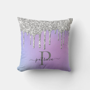 Glam Silver Glitter Drips Elegant Monogram Throw Pillow