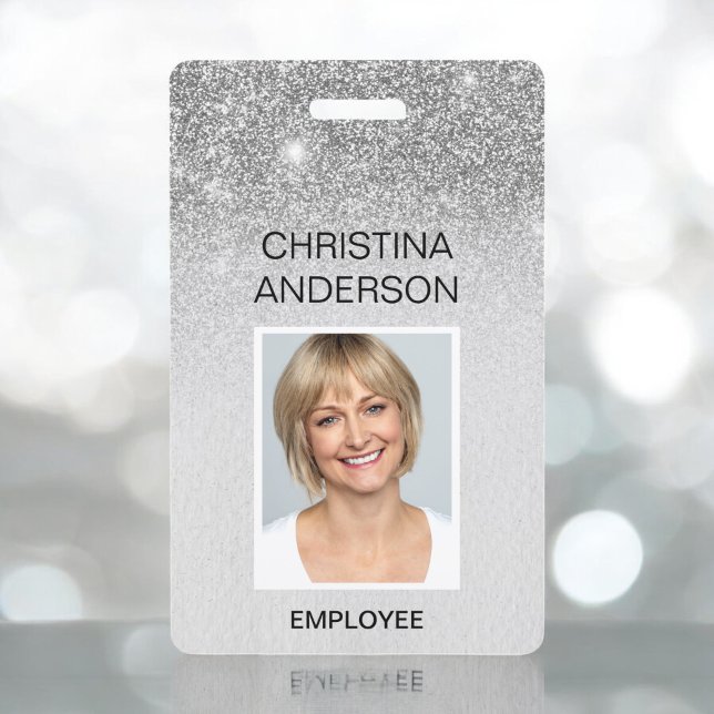 Glam Silver Glitter Employee Name Photo Corporate Badge (Creator Uploaded)