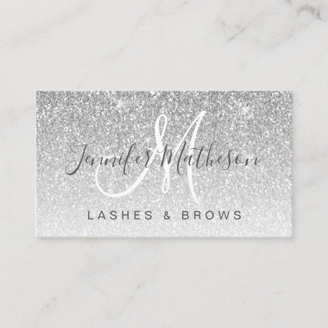 Glam Silver Glitter Lashes Brows Makeup Artist Business Card (Front)