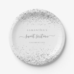 Glam Silver Glitter Name Date Sweet Sixteen Party Paper Plate