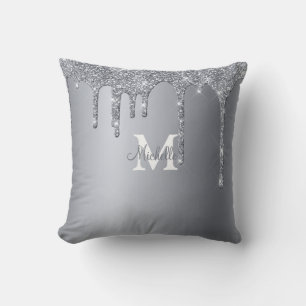 Glam Silver Glitter Personalized Monogram Throw Pillow