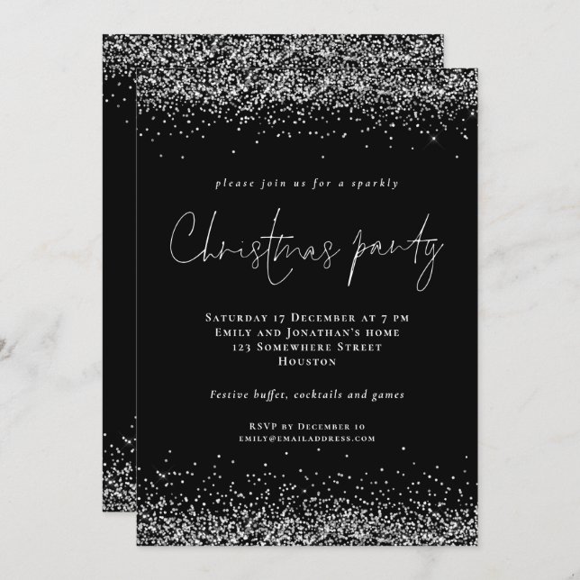 Glam Silver Glitter Script Christmas Party Black Invitation (Front/Back)