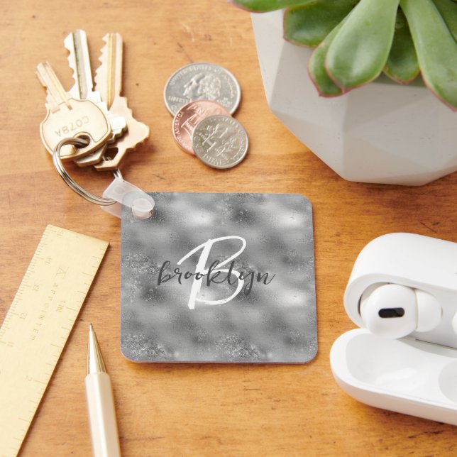 Glam Silver Glitter Sparkle Monogram  Keychain (Desk)