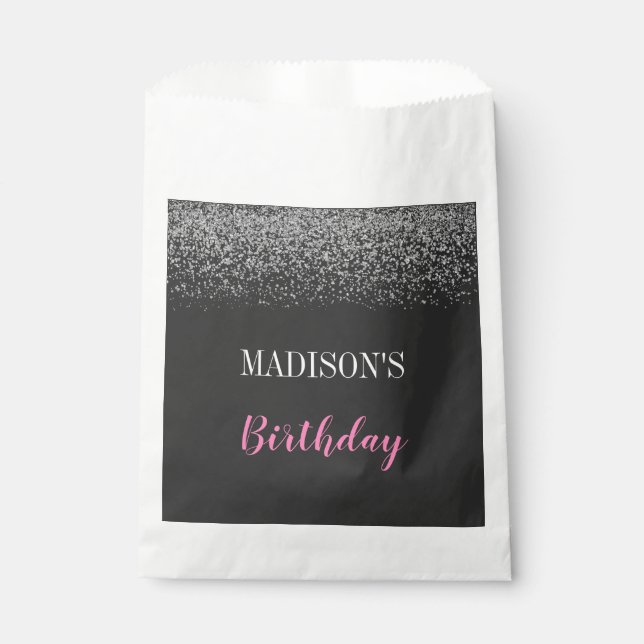Glam Silver Glitter Sparkles Black & Pink Birthday Favour Bag (Front)