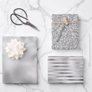 Glam Silver Glitter Stripes Wrapping Paper Sheet