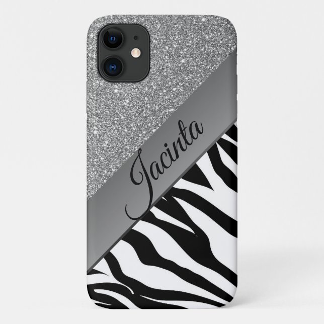 Glam Silver Glitter Zebra Print Personalized Case-Mate iPhone Case (Back)
