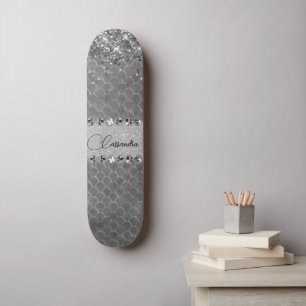 Glam Silver Glittery Diamond Bling Skateboard