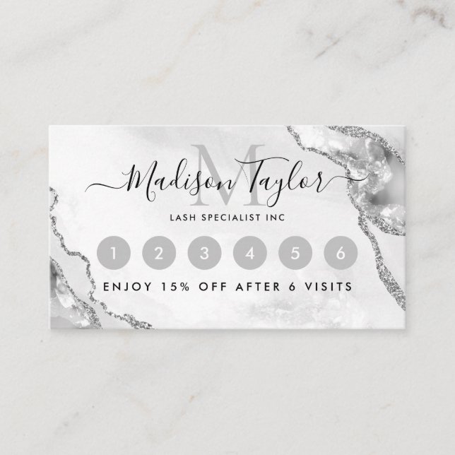 Glam Silver Grey Glitter Agate Marble Monogram Loyalty Card (Front)