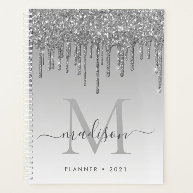 Glam Silver Grey Glitter Drips Girly Monogram 2021 Planner (Front)