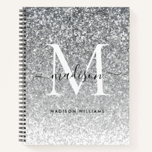 Glam Silver Grey Glitter Sparkle Elegant Monogram Notebook