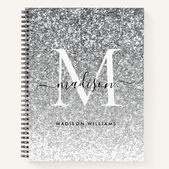 Glam Silver Grey Glitter Sparkle Elegant Monogram Notebook (Front)