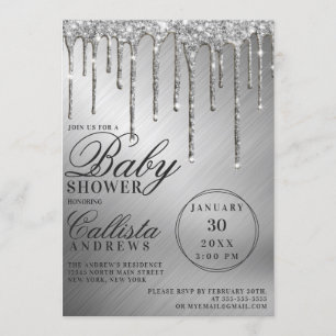 Glam Silver Metallic Glitter Drips Baby Shower Invitation