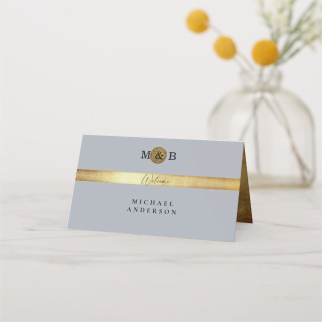 Glam Silver & Metallic Gold Monogram Wedding II Place Card (Front)