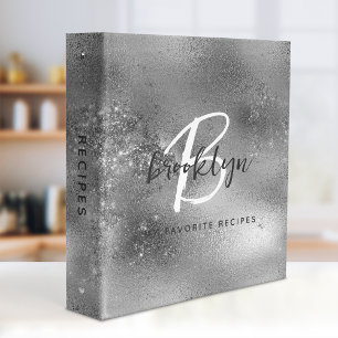Glam Silver Sparkle Monogram Recipe Binder