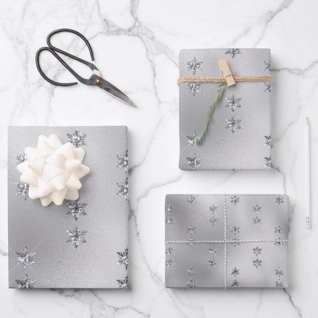 Glam Silver Stars Christmas Wrapping Paper Sheet (Front)