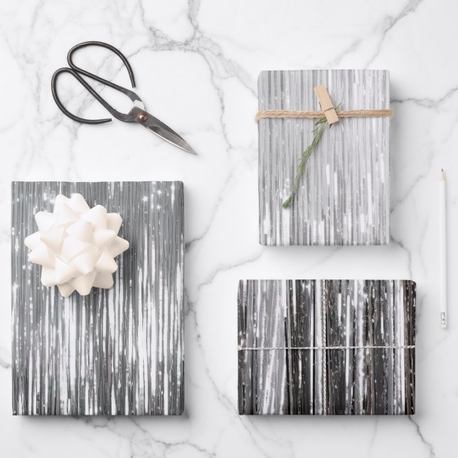 Glam Silver Stripes Wedding Wrapping Paper Sheet (Front)