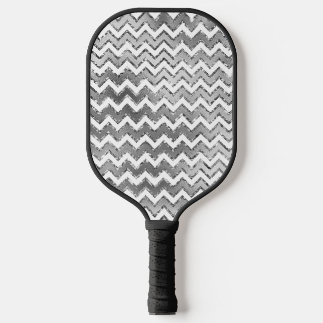 Glam Silver White Gold Zigzag Stripes Pickleball Paddle (Front)