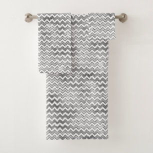 Glam Silver White Zigzag Stripes Bath Towel Set