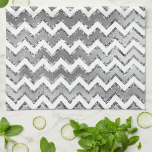 Glam Silver White Zigzag Stripes Kitchen Towel