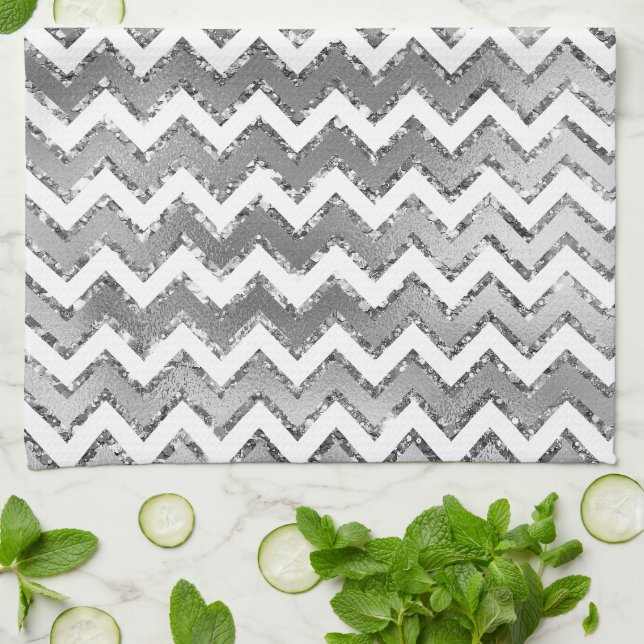 Glam Silver White Zigzag Stripes Kitchen Towel (Folded)
