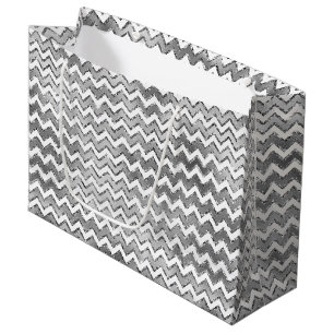 Glam Silver White Zigzag Stripes Large Gift Bag