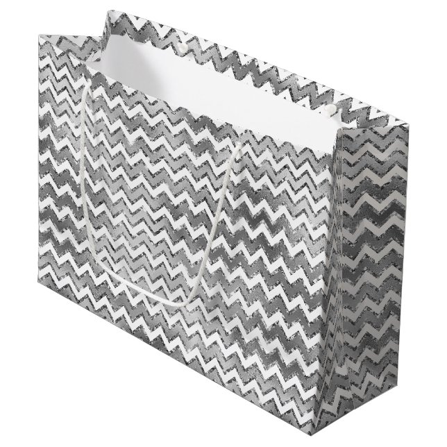 Glam Silver White Zigzag Stripes Large Gift Bag (Front Angled)