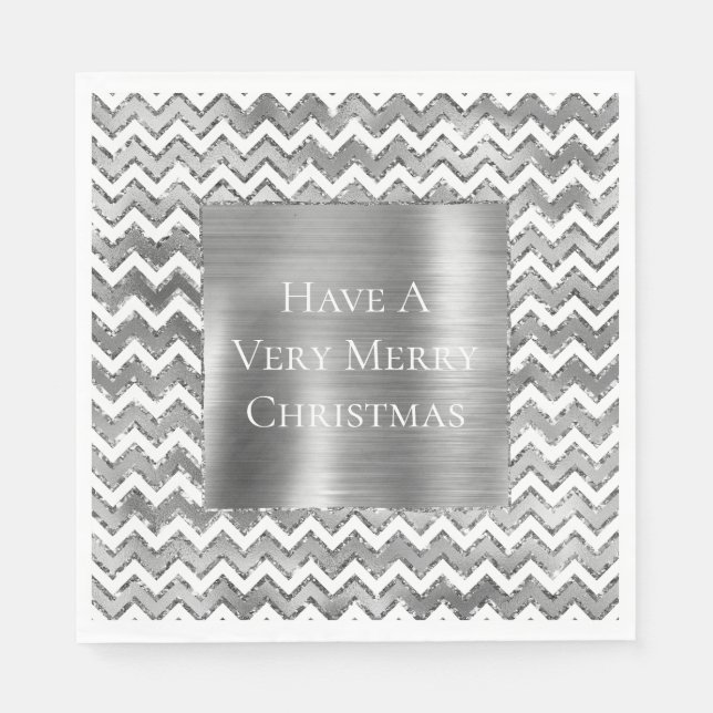 Glam Silver White Zigzag Stripes Napkin (Front)