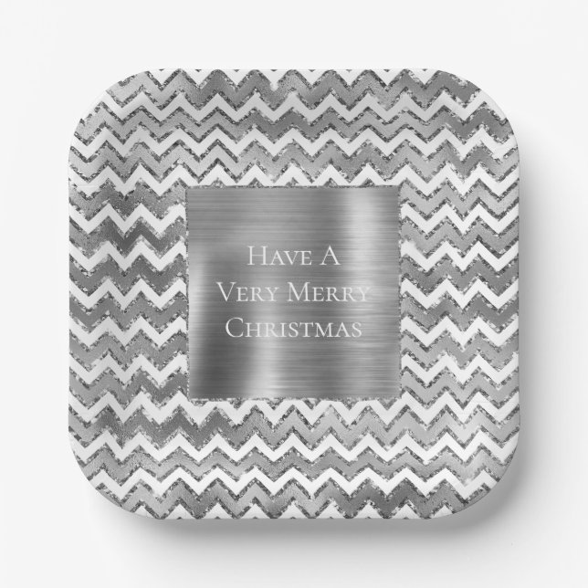 Glam Silver White Zigzag Stripes Paper Plate (Front)
