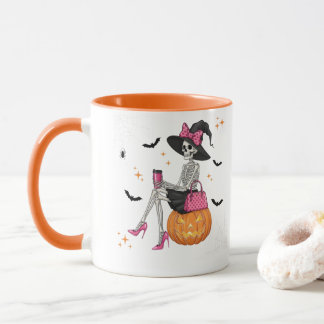 Glam Skeleton Witch with Pumpkin Halloween Spooky Mug