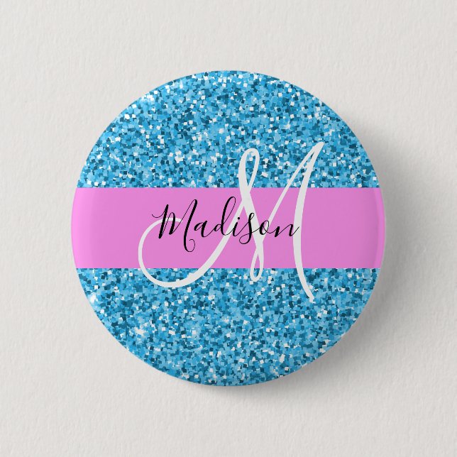 Glam Sky Blue Pink Glitter Sparkles Name Monogram 2 Inch Round Button (Front)