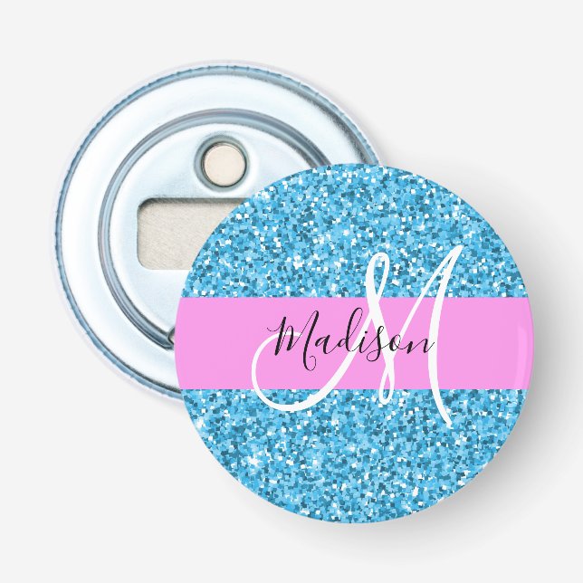 Glam Sky Blue Pink Glitter Sparkles Name Monogram Bottle Opener (Front)