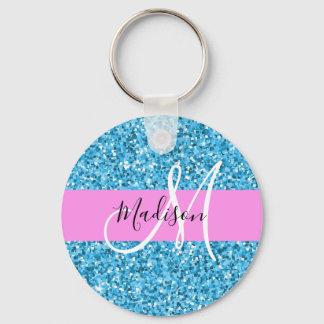 Glam Sky Blue Pink Glitter Sparkles Name Monogram Keychain