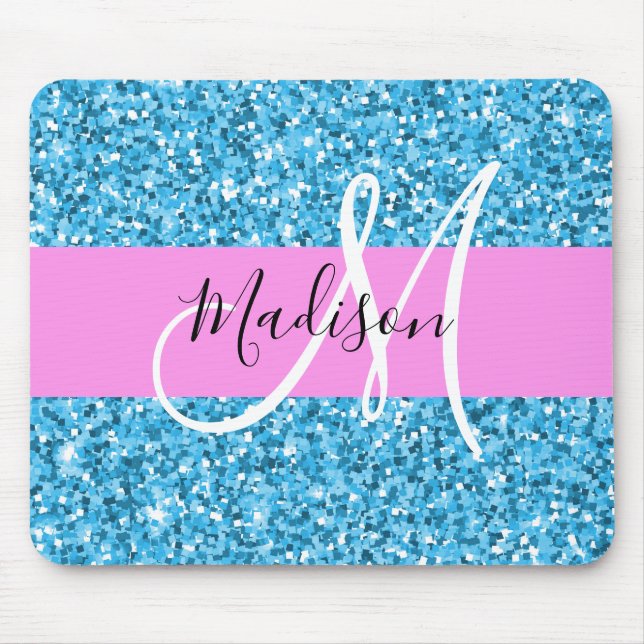Glam Sky Blue Pink Glitter Sparkles Name Monogram Mouse Pad (Front)