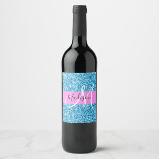Glam Sky Blue Pink Glitter Sparkles Name Monogram Wine Label