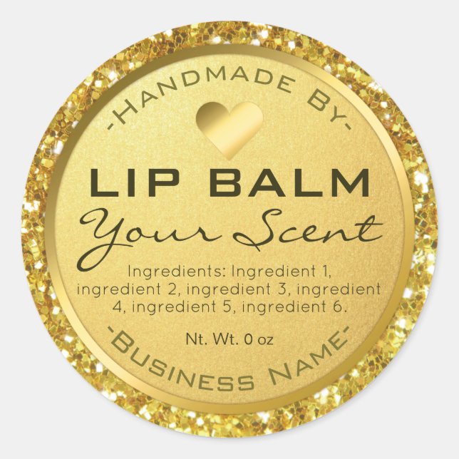 Glam Sparkly Gold Glitter Lip Balm Classic Round Sticker (Front)
