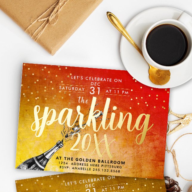 Glam Sparkly Gold Red New Year Calligraphy Invite (Creator Uploaded)