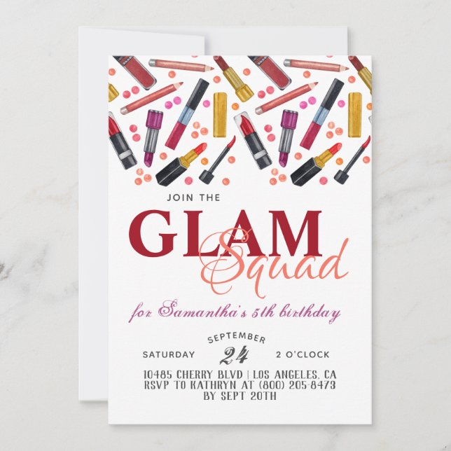 Glam Squad Maquillage Anniversaire Invitation (Devant)