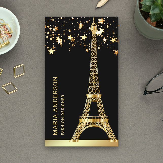 Glam Stars Confetti Gold Foil Paris Eiffel Tower Business Card (Creator Uploaded)