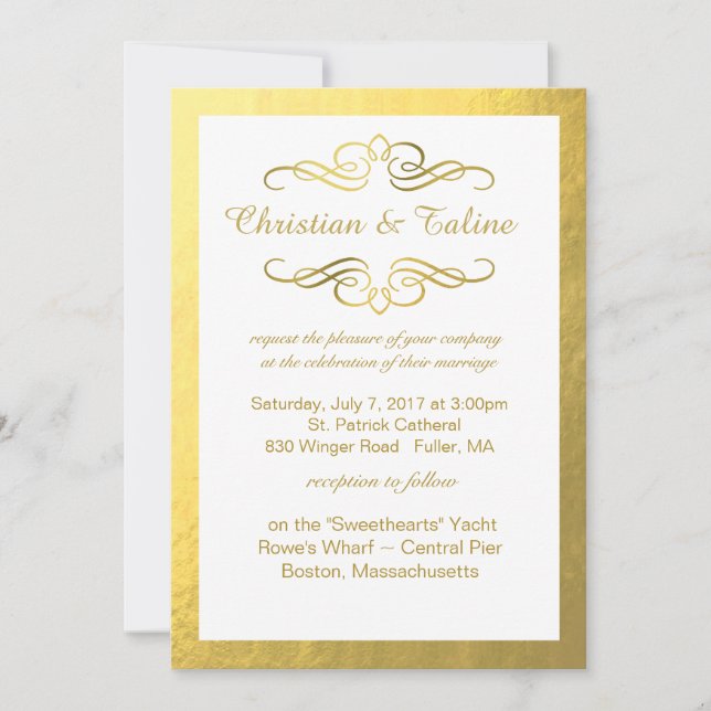 Glam Swirly Flourish Gold Foil Outline Wedding Invitation (Front)