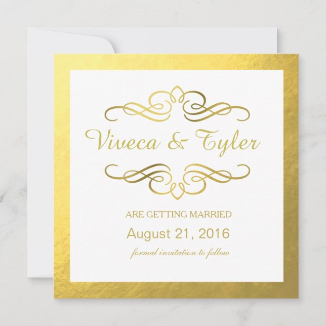 Glam Swirly Flourish Gold Foil Save the Date (Front)