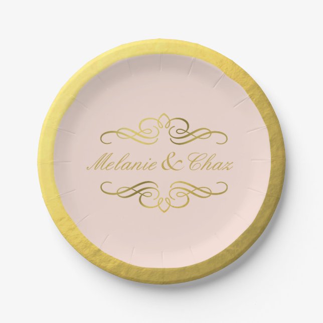 Glam Swirly Flourish Gold Foil Wedding blush pink Paper Plate (Front)