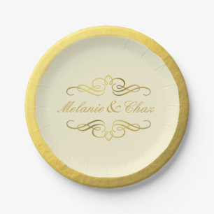 Glam Swirly Flourish Gold Foil Wedding   ivory Paper Plate
