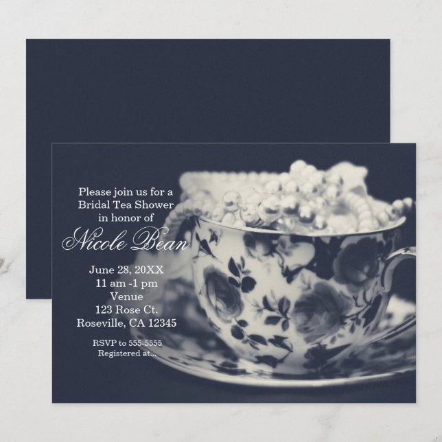 Glam Tea & Pearls Elégante Invitation Chic Bridal (Devant / Derrière)