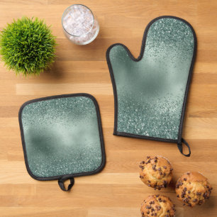 Glam Teal Aqua Pine Green Glitzy Glitter Oven Mitt & Pot Holder Set