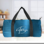 Glam Teal Blue Brushed Metal White Monogram  Duffle Bag<br><div class="desc">This personalized duffel bag features a monogram and first name in modern turquoise and white script on a glam teal blue faux brushed metal background.</div>