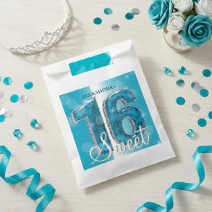 Glam Teal Blue Diamonds Sweet 16 Birthday Party Favour Bag