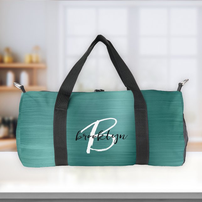 Glam Teal Brushed Metal Black and White Monogram  Duffle Bag (Creator Uploaded)