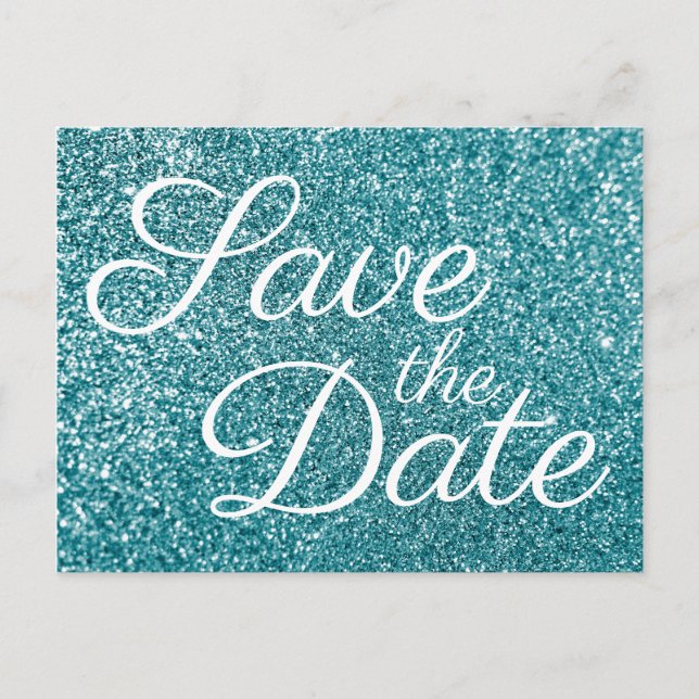 Glam Teal Glitter Photo Save the Date Postcard (Front)