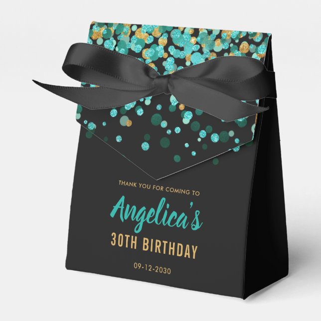 Glam Teal Gold Glitter Confetti Thank You Birthday Favor Box (Front Side)