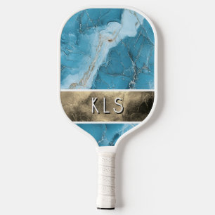 Glam Teal Marble Gold Foil Monogram Pickleball Paddle